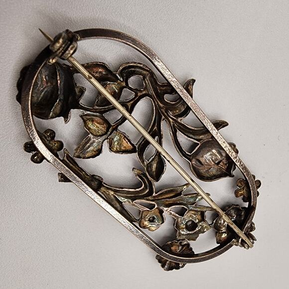 Vintage Art Nouveau Revival Floral Brooch Silver Tone Rose Tulip Bar Pin 1930s - Picture 4 of 8